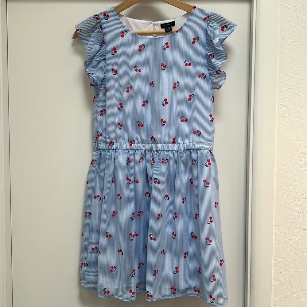 Tommy Hilfiger Blue White Striped Cherry Print Ruffle Dress Girls Size L 12/14